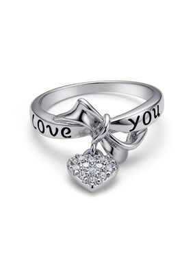 Love You Bow Heart Charm Ring – Size 6.5